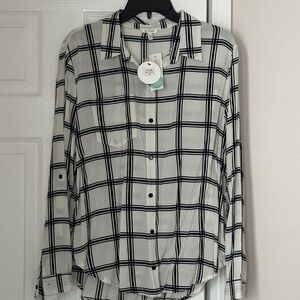 En Creme Button Down Blouse Plaid White Black New with Tags Semi Sheer XL